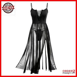 Plus Size Lace-Up Chemise Sheer Mesh Nightgown Adjustable Straps Long Gown